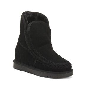 TOP3 Black Made In Portugal Suede Whipstitch Cozy Faux Fur Interior Booties